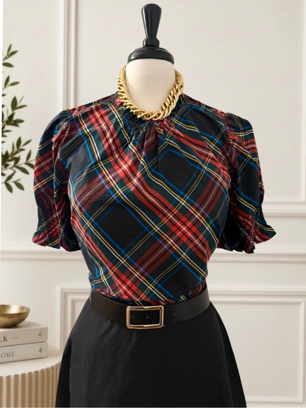 NWT J Crew Plaid Puff-Sleeve Mock Neck Blouse Black Red Tartan Preppy Holiday